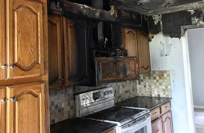 Fire damaged kitchen room