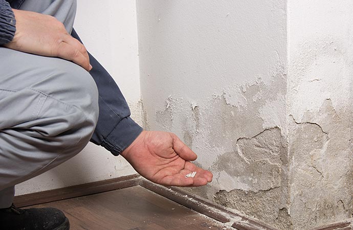 Professional worker inspecting water damage